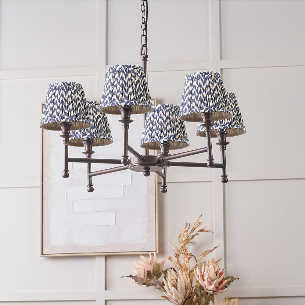 Piero Antique Bronze Metal 6 Arm Pendant with Vienna 16cm Blue Chevron Mushroom Pleat Lampshade