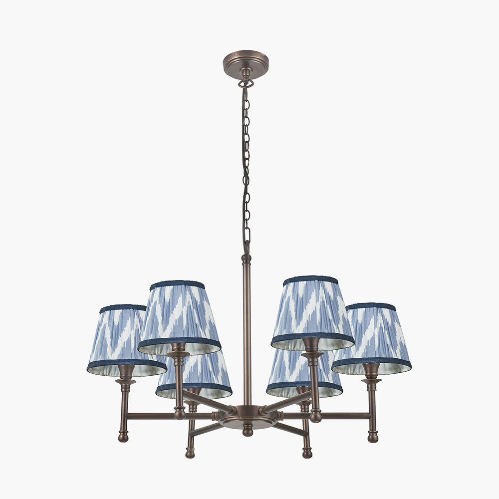 Piero Antique Bronze Metal 6 Arm Pendant with Kamilah 16cm Blue Chevron Patterned Mushroom Pleat Tapered Lamp Shade