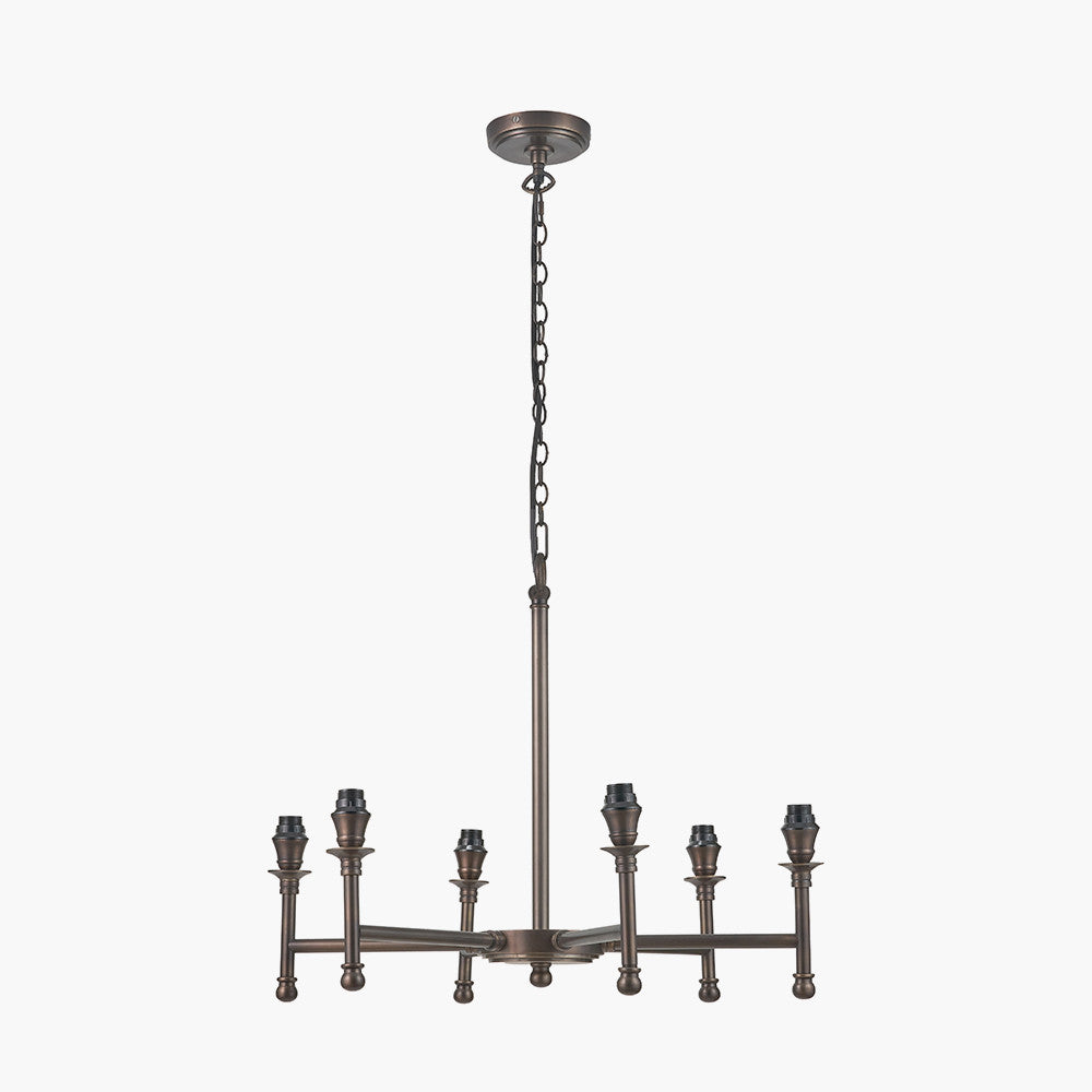 Piero Antique Bronze Metal 6 Arm Pendant with Kamilah 16cm Blue Chevron Patterned Mushroom Pleat Tapered Lamp Shade