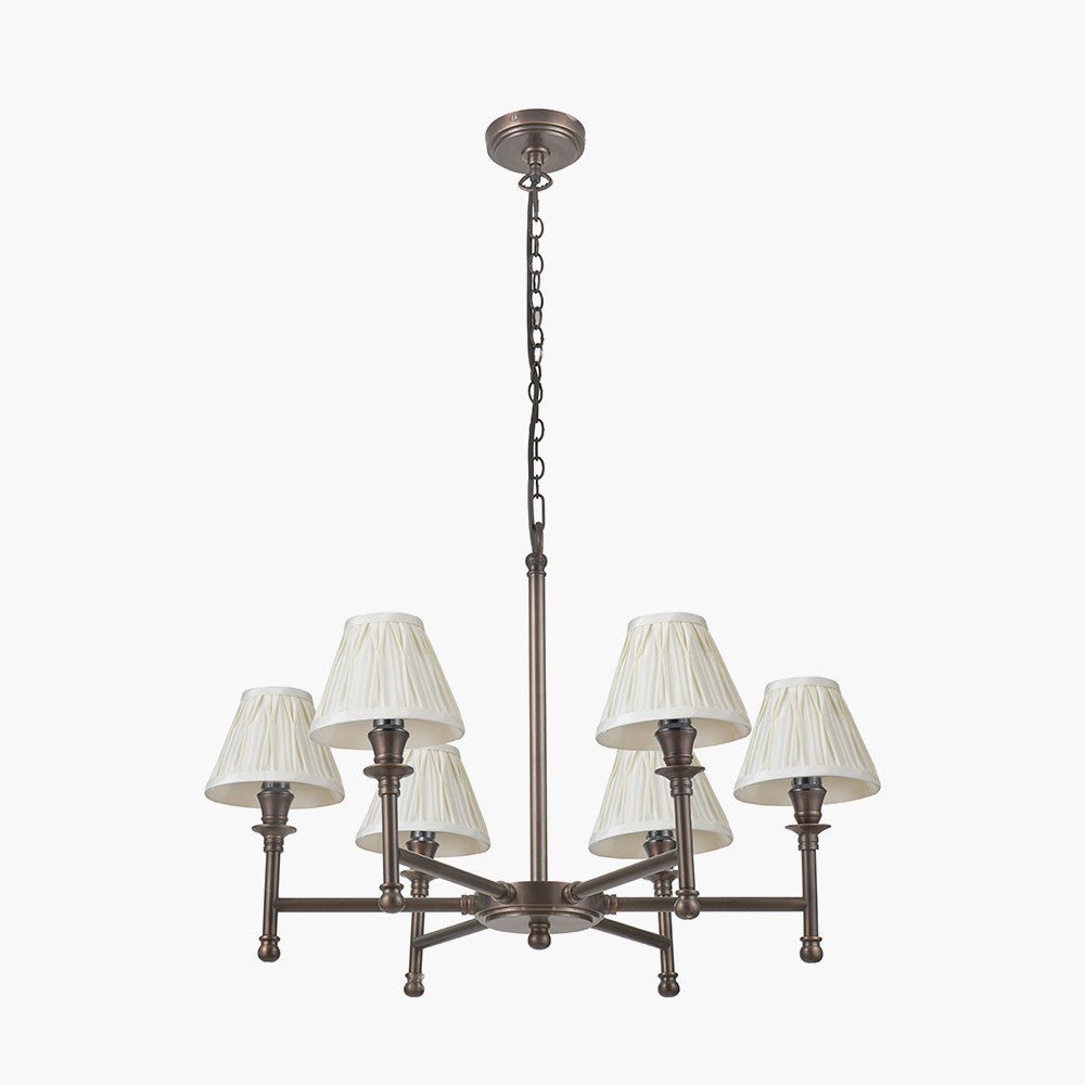 Piero Antique Bronze Metal 6 Arm Pendant with Garbo 15cm Cream Silk Mix Pinch Pleat Tapered Candle Clip Lampshades
