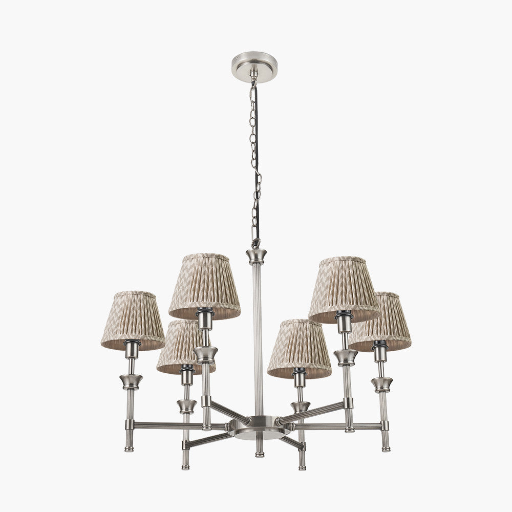 Salvatore Antique Silver Metal 6 Arm Pendant with Vienna 14cm Taupe Chevron Tall Taper Mushroom Pleat Candle Clip Lampshade