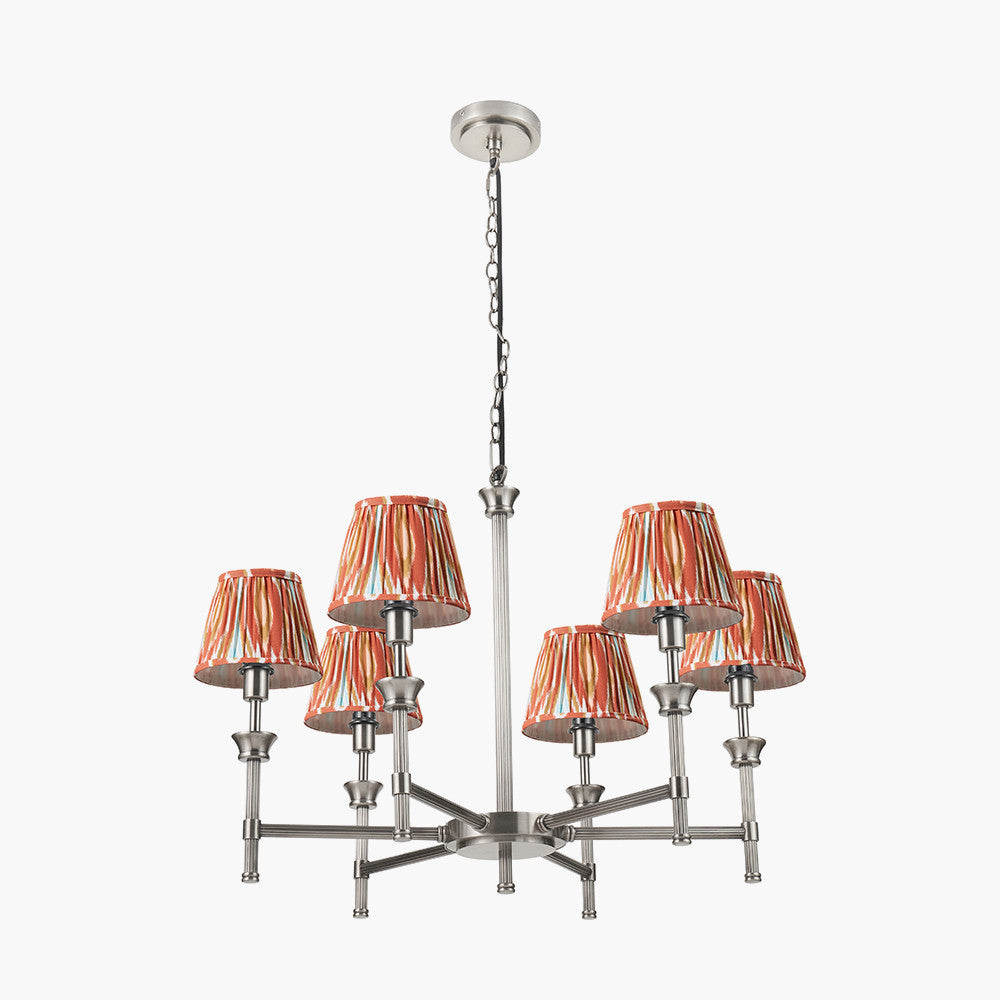 Salvatore Antique Silver Metal 6 Arm Pendant with Izara 16cm Cinnamon Ikat Patterned Mushroom Pleat Tapered Lampshade