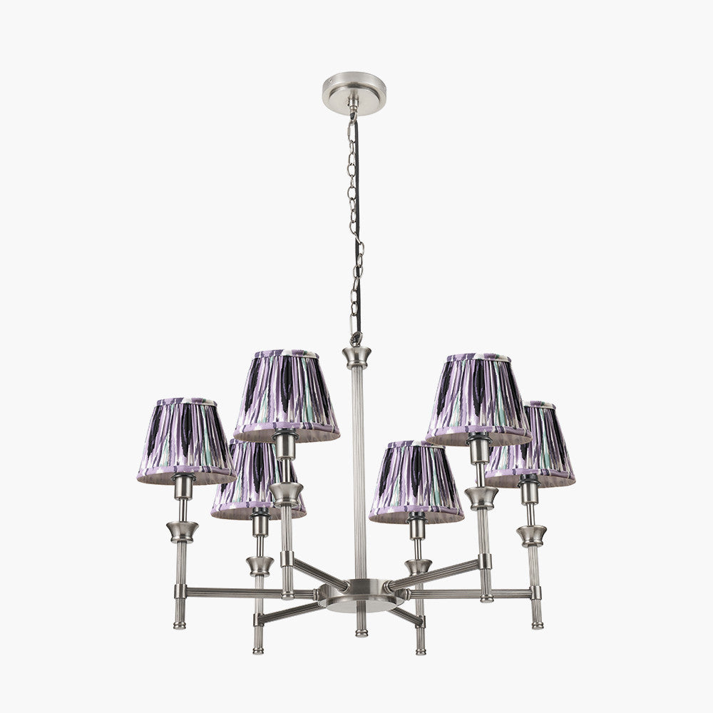 Salvatore Antique Silver Metal 6 Arm Pendant with Izara 16cm Lilac Ikat Patterned Mushroom Pleat Tapered Lampshade