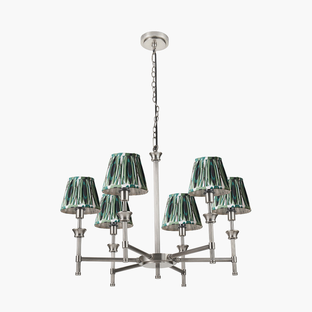 Salvatore Antique Silver Metal 6 Arm Pendant with Izara 16cm Racing Green Ikat Patterned Mushroom Pleat Tapered Lampshade