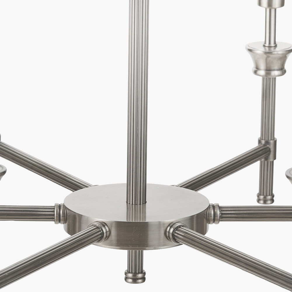 Salvatore Antique Silver Metal 6 Arm Pendant with Izara 16cm Racing Green Ikat Patterned Mushroom Pleat Tapered Lampshade