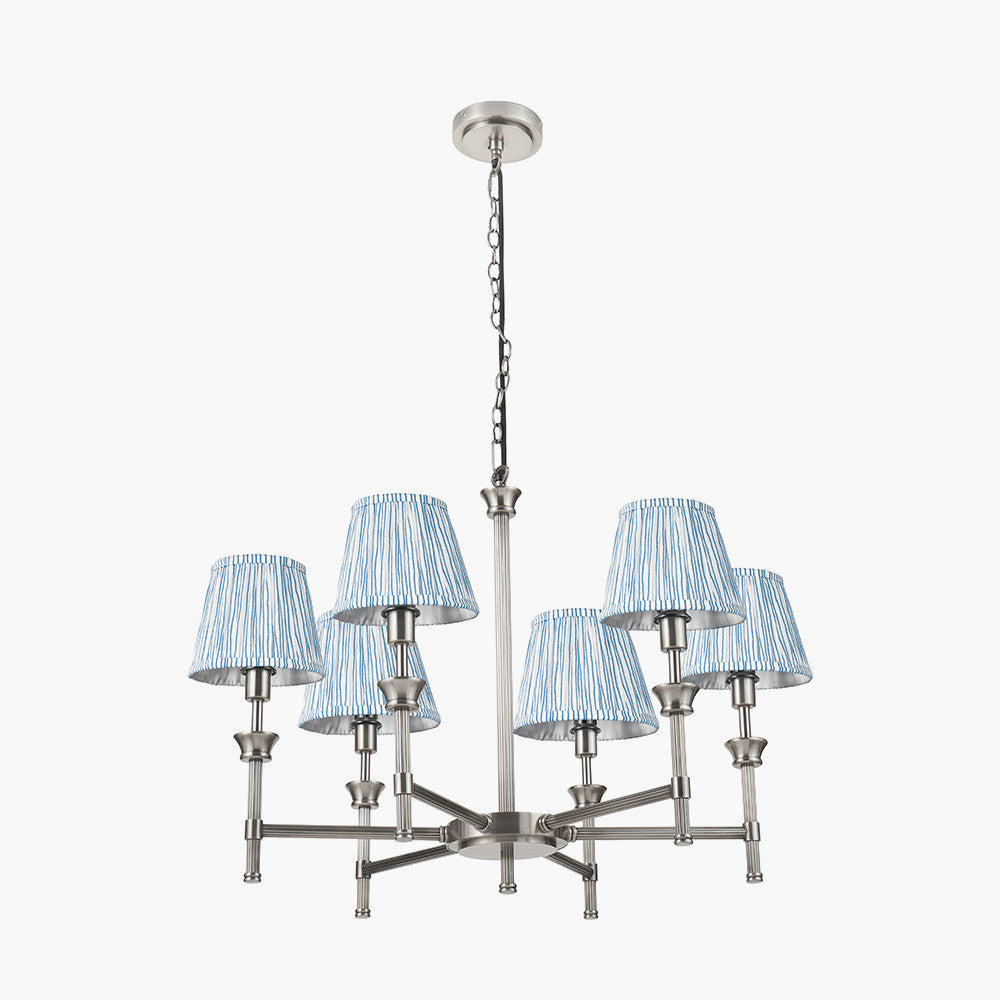 Salvatore Antique Silver Metal 6 Arm Pendant with Thiago 16cm Ocean Blue Stripe Mushroom Pleat Tapered Lampshade