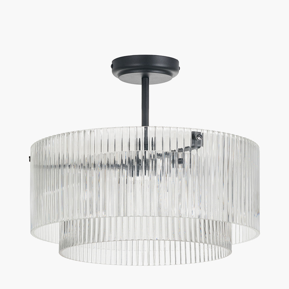 Clara Ribbed Glass Black Metal Round Pendant
