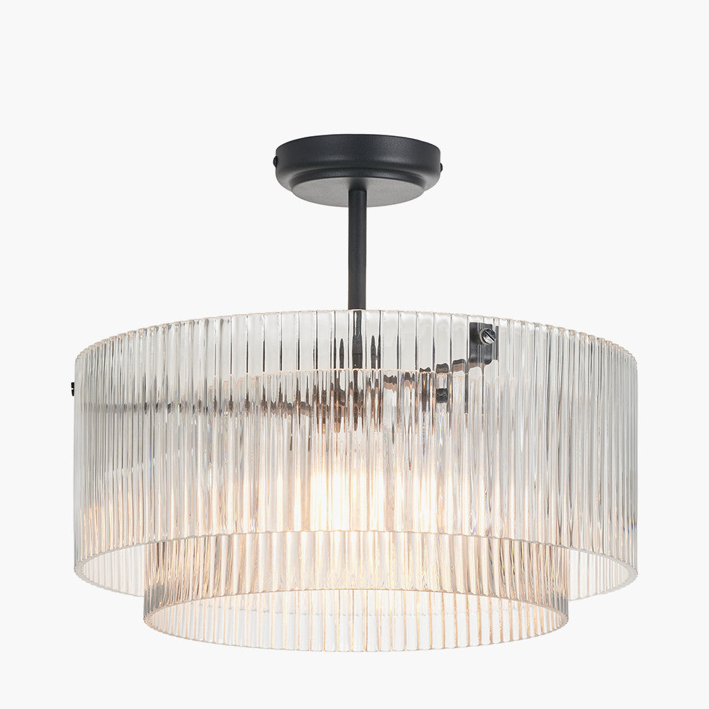 Clara Ribbed Glass Black Metal Round Pendant