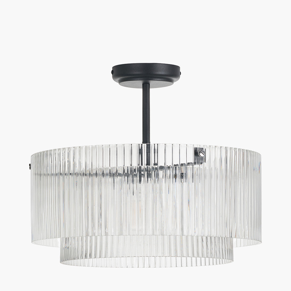 Clara Ribbed Glass Black Metal Round Pendant