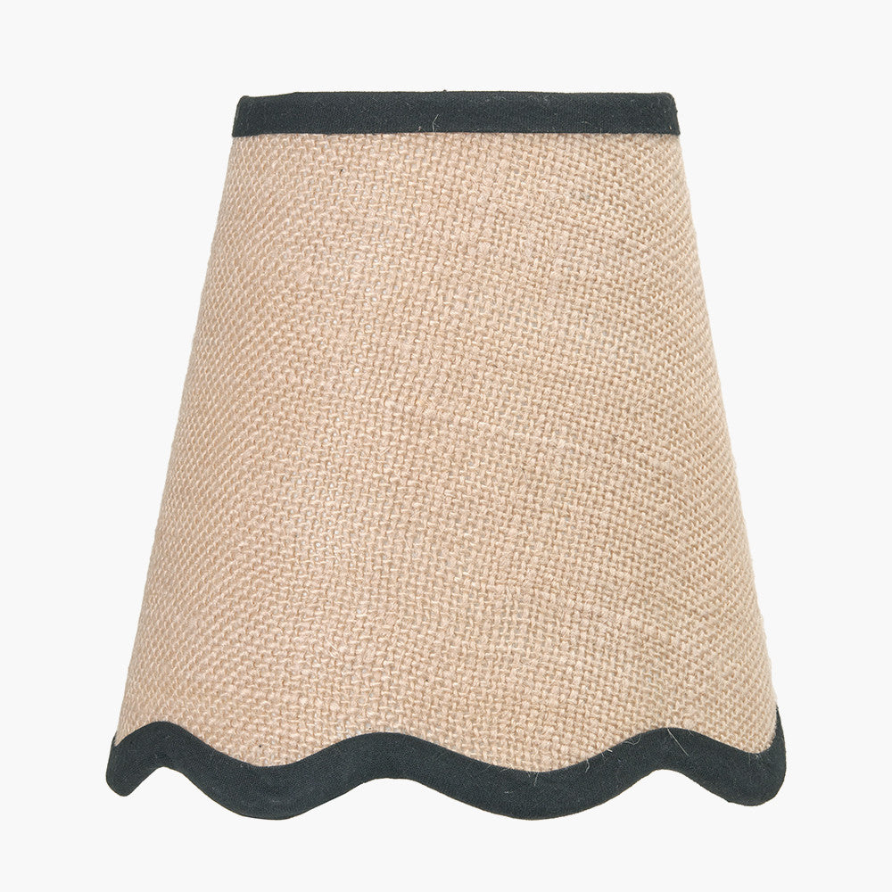Tabitha 14cm Cream Jute Scalloped Edge Tapered Candle Clip Lampshade with Black Binding