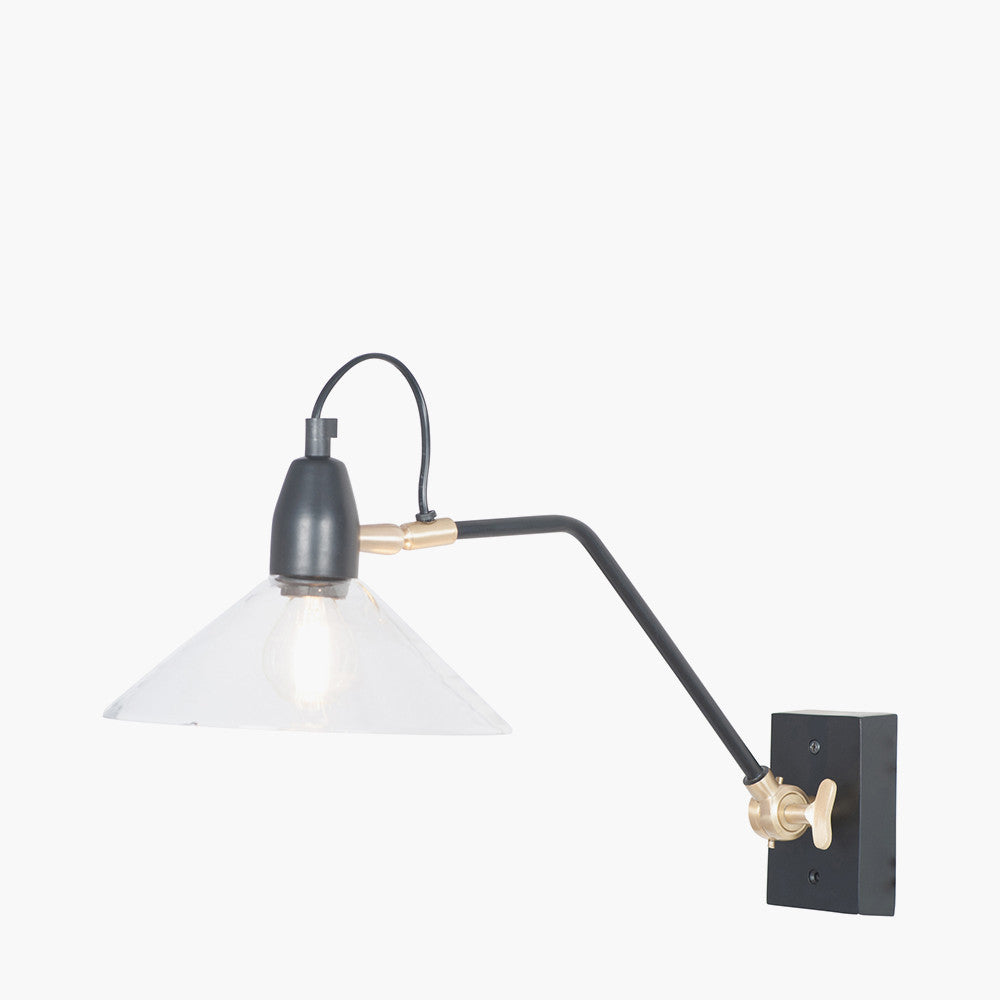 Canton Matt Black Metal and Clear Glass Cone Wall Light