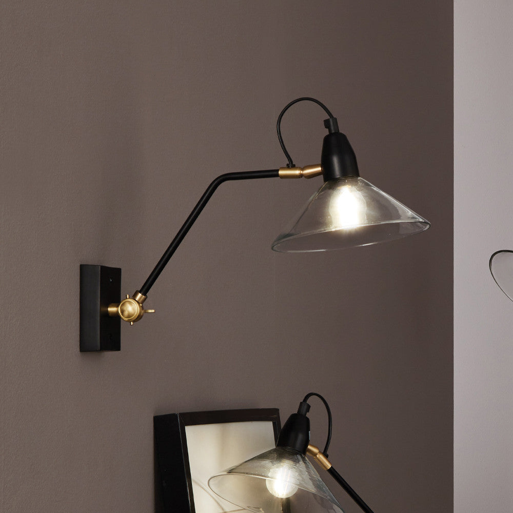 Canton Matt Black Metal and Clear Glass Cone Wall Light