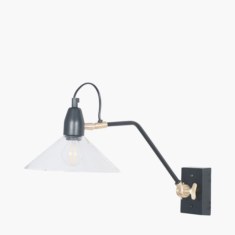 Canton Matt Black Metal and Clear Glass Cone Wall Light