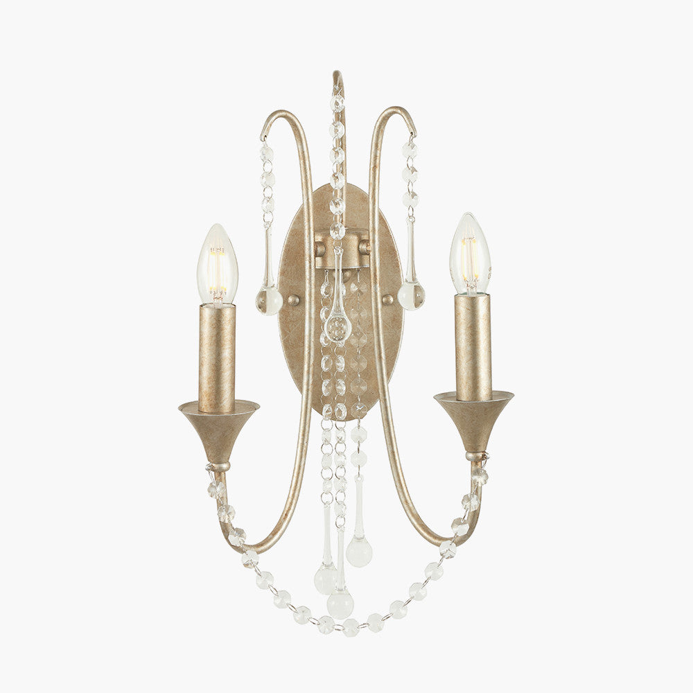 Belle Antique Silver Leaf Metal & Beaded 2 Light Wall Light