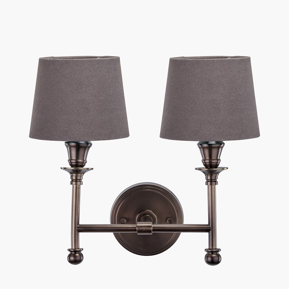 Piero Antique Bronze Metal Double Wall Light with Pelham 15cm Grey Handloom Tapered Lemon Clip Lampshades