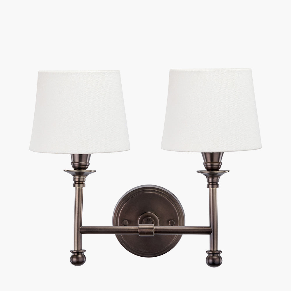 Piero Antique Bronze Metal Double Wall Light with Pelham 15cm White Handloom Tapered Lemon Clip Lampshades