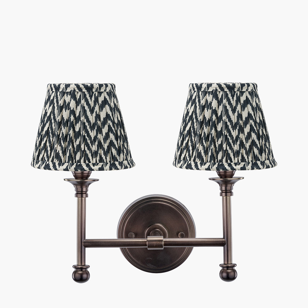 Piero Antique Bronze Metal Double Wall Light with Vienna 16cm Black Chevron Mushroom Pleat Lampshade
