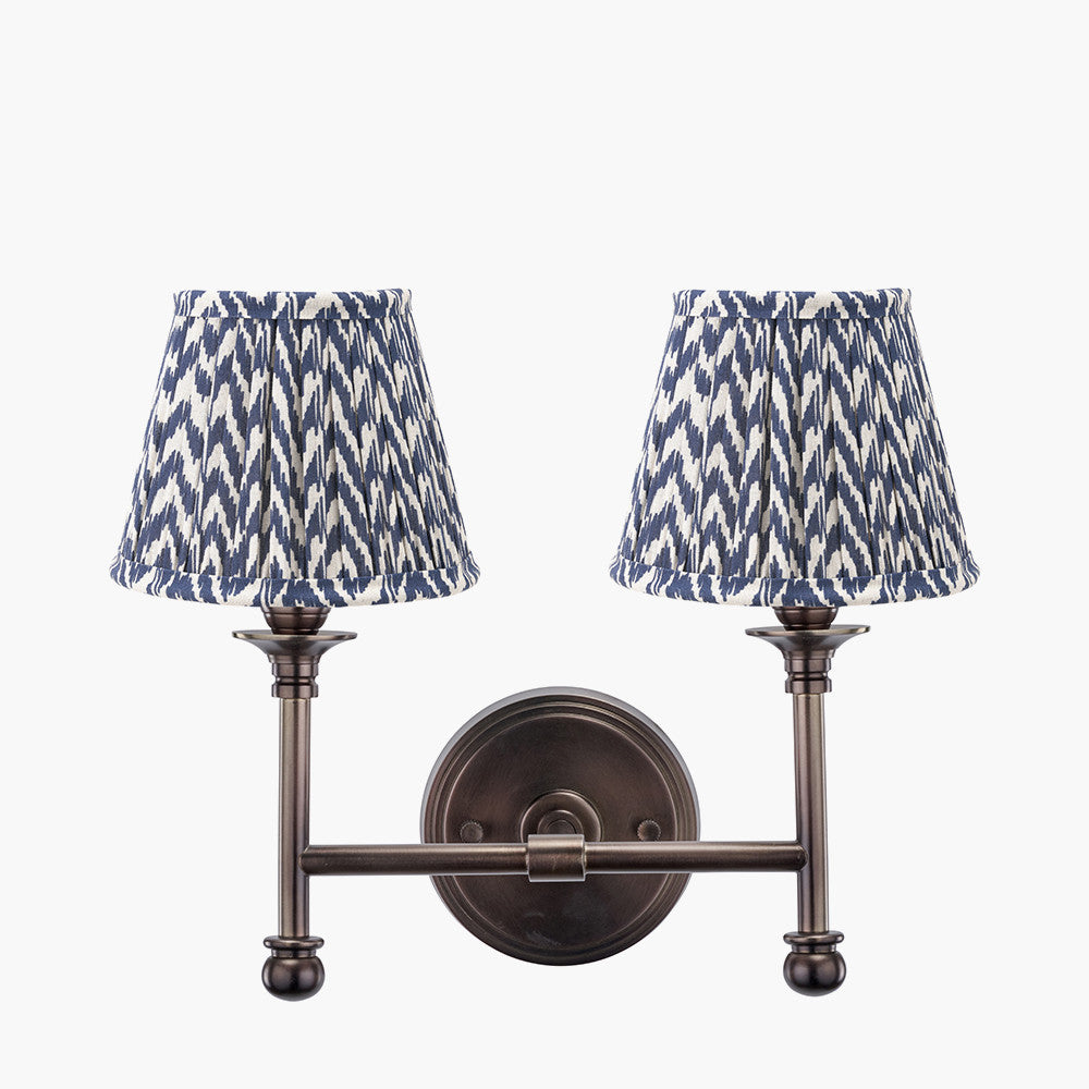 Piero Antique Bronze Metal Double Wall Light with Vienna 16cm Blue Chevron Mushroom Pleat Lampshade