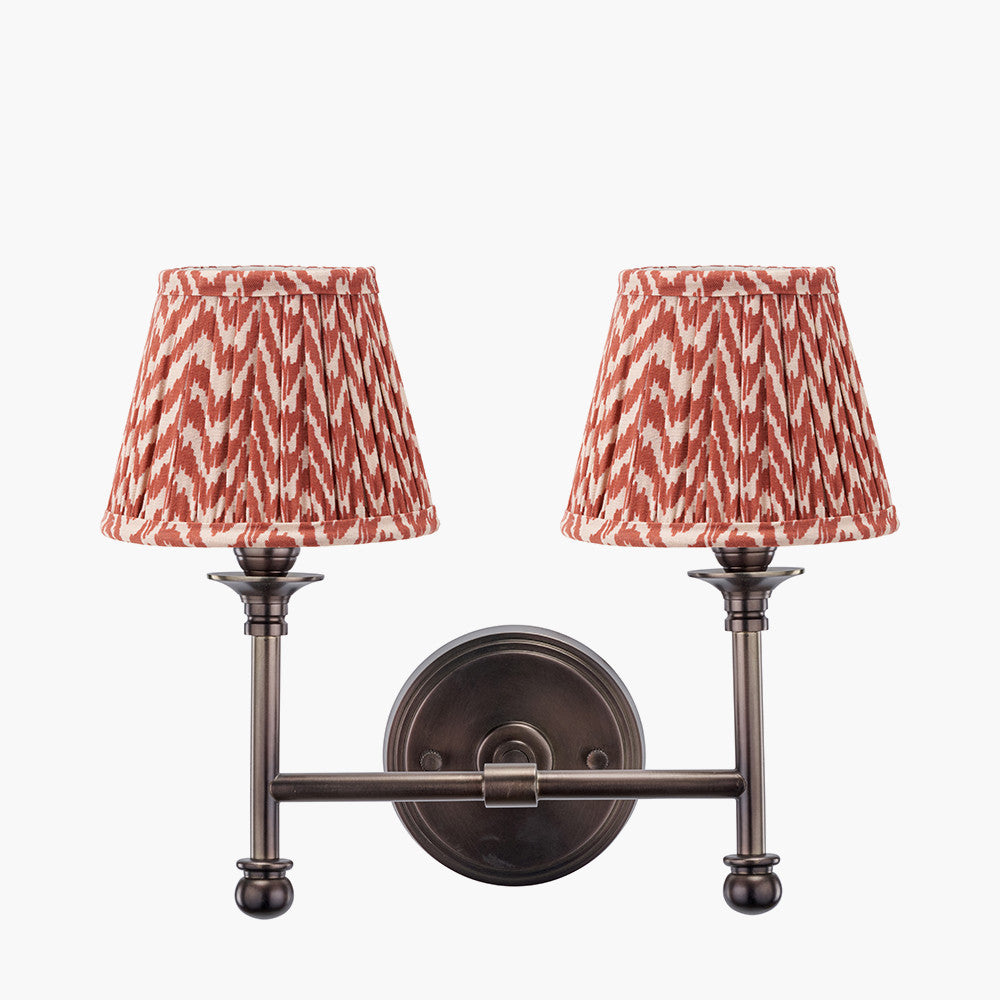 Piero Antique Bronze Metal Double Wall Light with Vienna 16cm Red Chevron Mushroom Pleat Lampshade