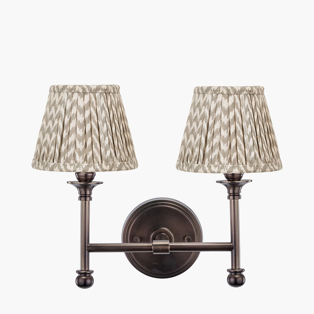 Piero Antique Bronze Metal Double Wall Light with Vienna 16cm Taupe Chevron Mushroom Pleat Lampshade