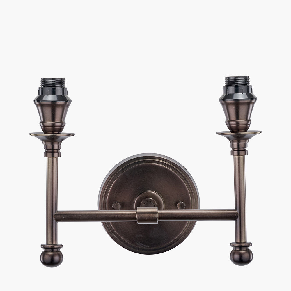 Piero Antique Bronze Metal Double Wall Light with Thiago 14cm Natural Stripe Mushroom Pleat Tall Tapered Candle Clip Lampshade