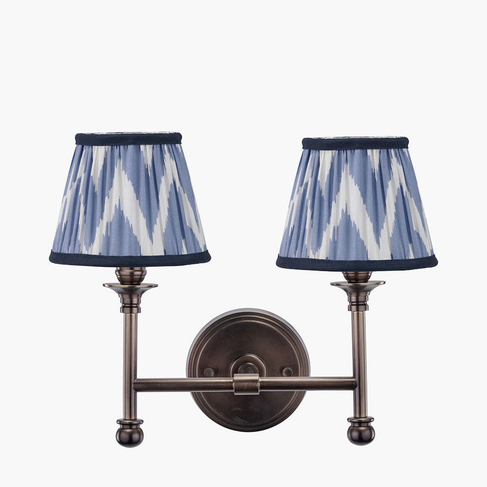 Piero Antique Bronze Metal Double Wall Light with Kamilah 16cm Blue Chevron Patterned Mushroom Pleat Tapered Lamp Shade