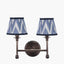 Piero Antique Bronze Metal Double Wall Light with Kamilah 16cm Blue Chevron Patterned Mushroom Pleat Tapered Lamp Shade