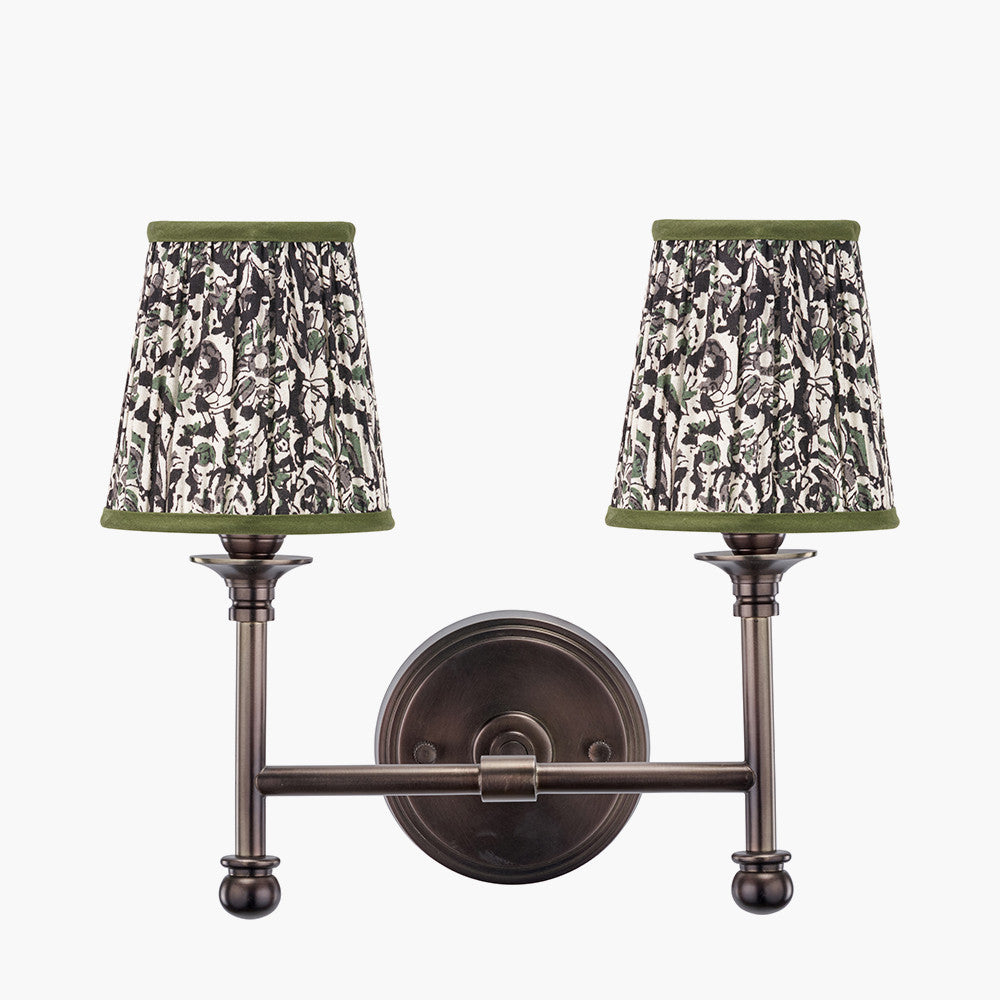 Piero Antique Bronze Metal Double Wall Light with Ornella 14cm Green Floral Design Mushroom Pleat Tall Tapered Candle Clip Lampshade