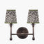 Piero Antique Bronze Metal Double Wall Light with Ornella 14cm Green Floral Design Mushroom Pleat Tall Tapered Candle Clip Lampshade