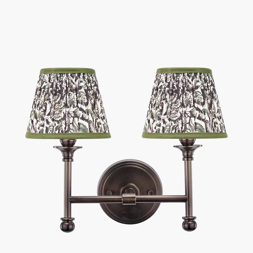 Piero Antique Bronze Metal Double Wall Light with Ornella 16cm Green Floral Design Mushroom Pleat Tapered Lamp Shade