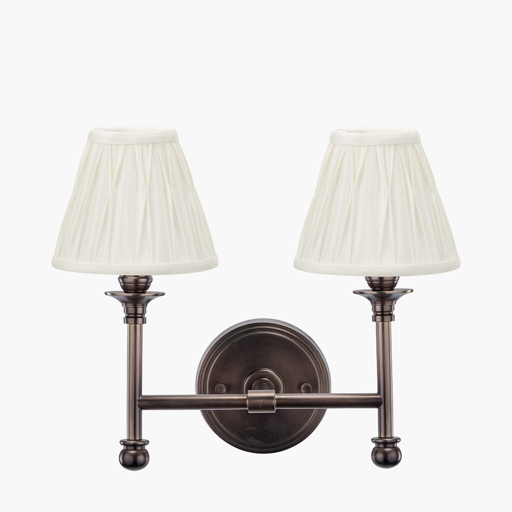 Piero Antique Bronze Metal Double Wall Light with Garbo 15cm Cream Silk Mix Pinch Pleat Tapered Candle Clip Lampshade
