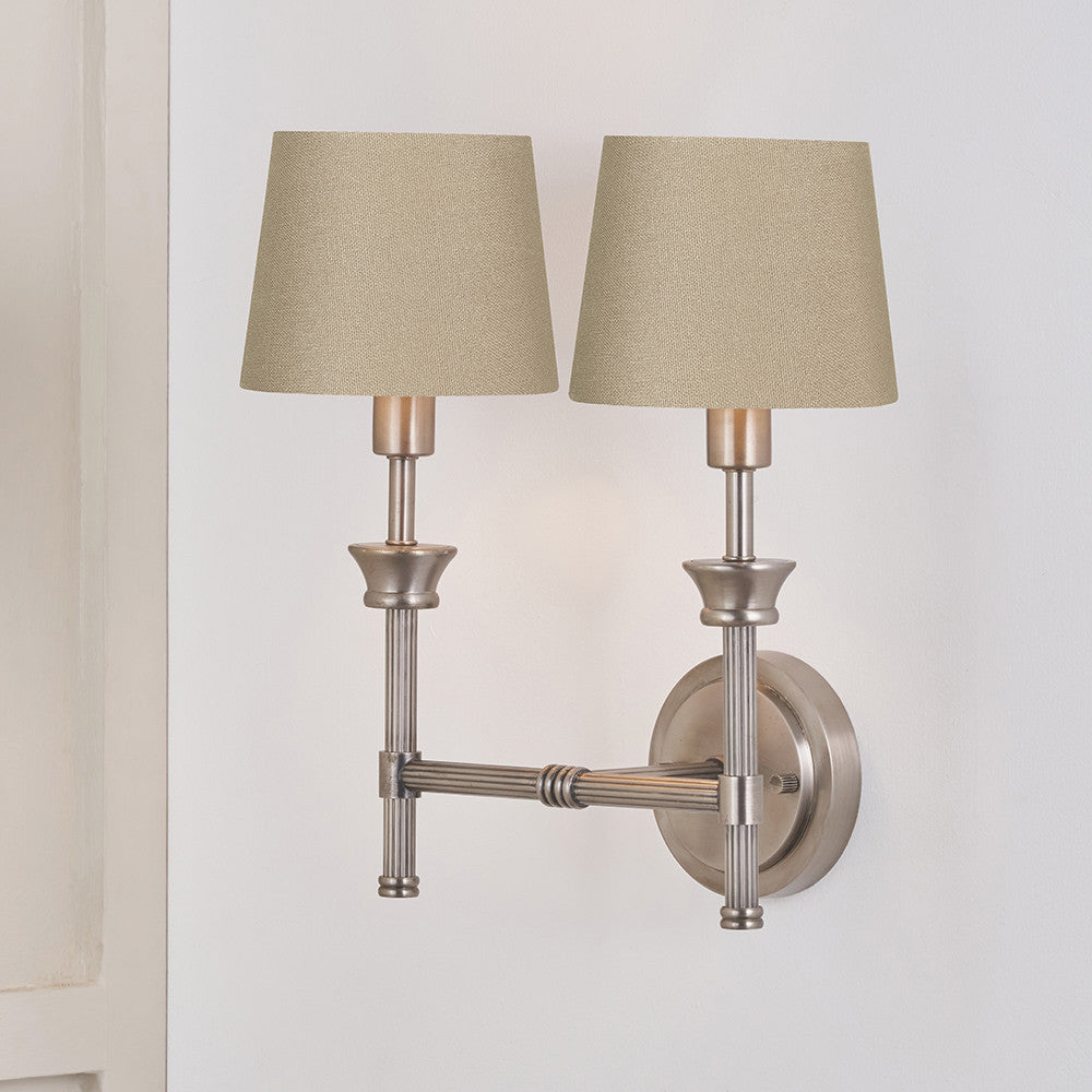 Salvatore Antique Silver Metal Double Wall Light with Pelham 15cm Taupe Handloom Tapered Candle Clip Lampshades