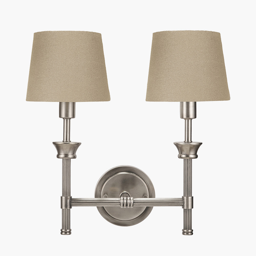 Salvatore Antique Silver Metal Double Wall Light with Pelham 15cm Taupe Handloom Tapered Candle Clip Lampshades