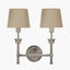 Salvatore Antique Silver Metal Double Wall Light with Pelham 15cm Taupe Handloom Tapered Candle Clip Lampshades