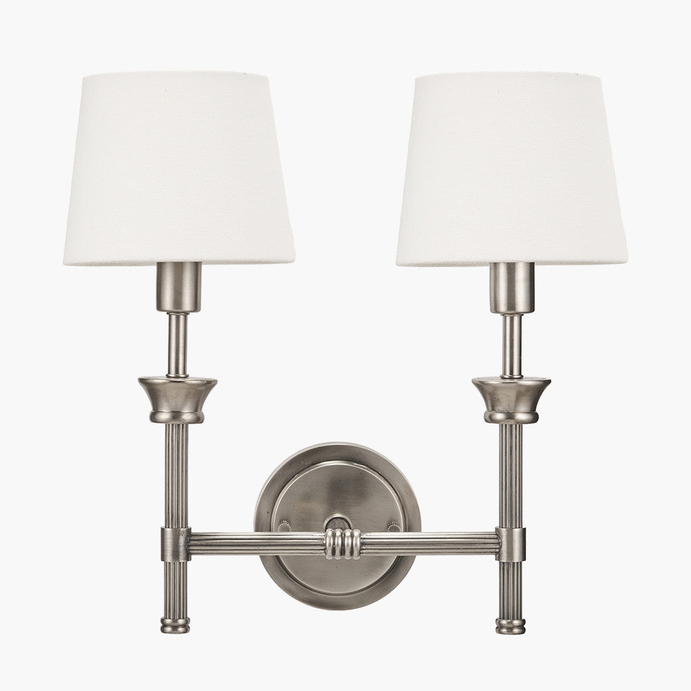 Salvatore Antique Silver Metal Double Wall Light with Pelham 15cm White Handloom Tapered Candle Clip Lampshades