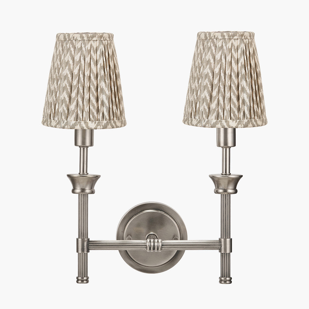 Salvatore Antique Silver Metal Double Wall Light with Vienna 14cm Taupe Chevron Tall Taper Mushroom Pleat Candle Clip Lampshade