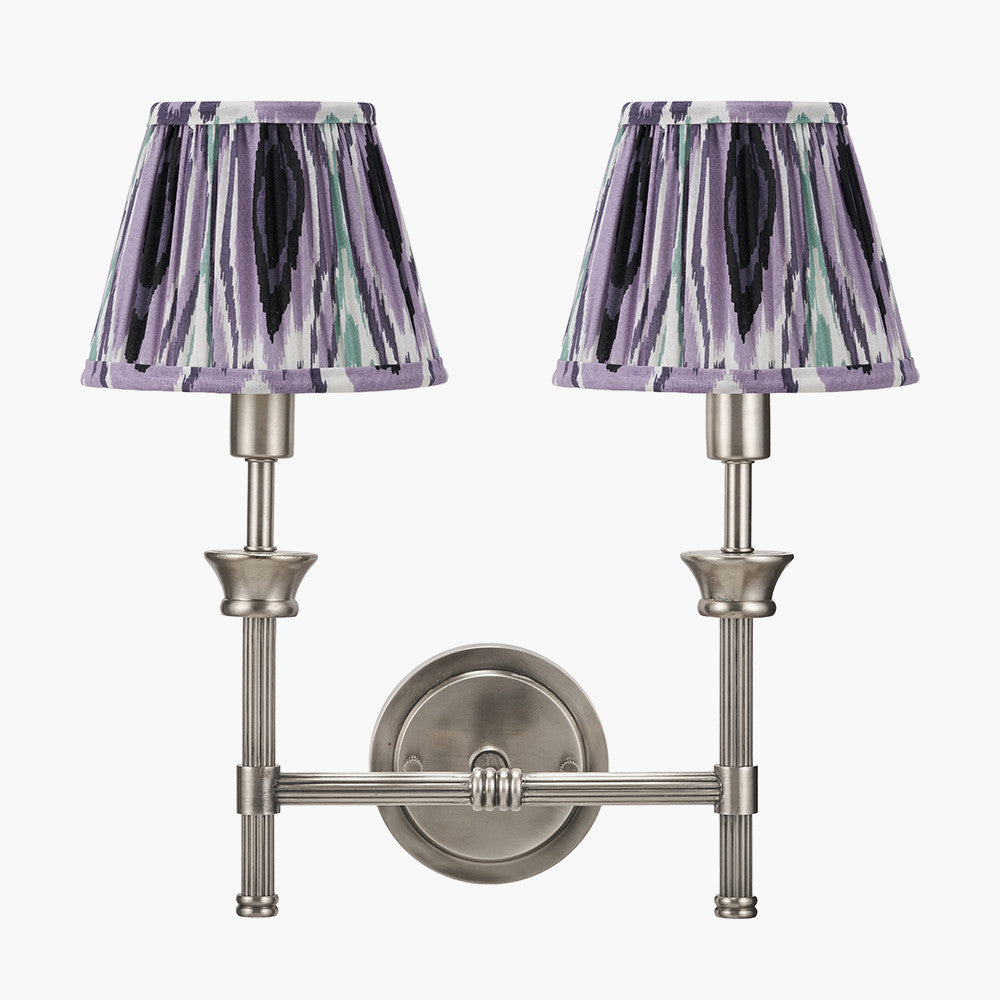 Salvatore Antique Silver Metal Double Wall Light with Izara 16cm Lilac Ikat Patterned Mushroom Pleat Tapered Lampshade