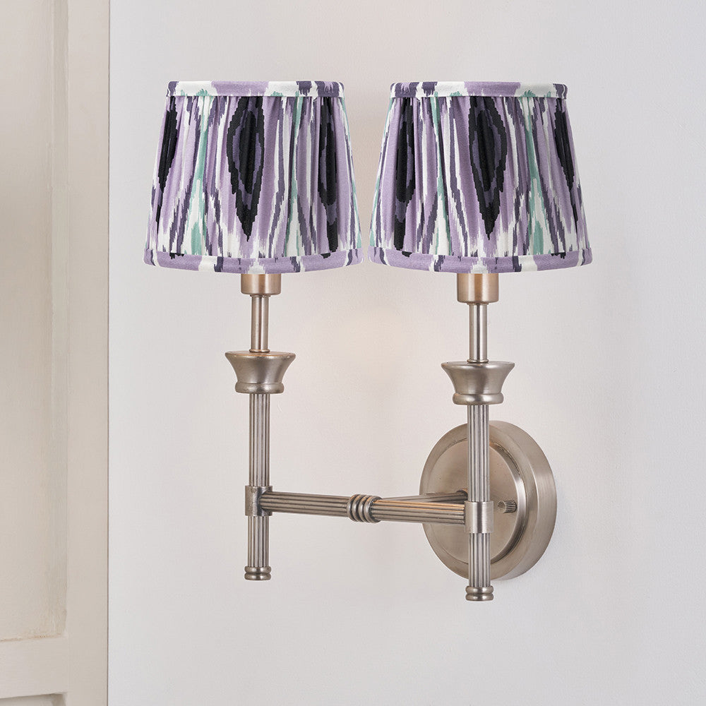 Salvatore Antique Silver Metal Double Wall Light with Izara 16cm Lilac Ikat Patterned Mushroom Pleat Tapered Lampshade