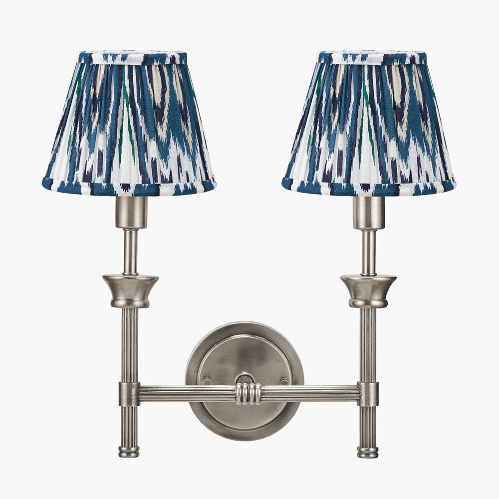 Salvatore Antique Silver Metal Double Wall Light with Izara 16cm Ocean Blue Ikat Patterned Mushroom Pleat Tapered Lampshade
