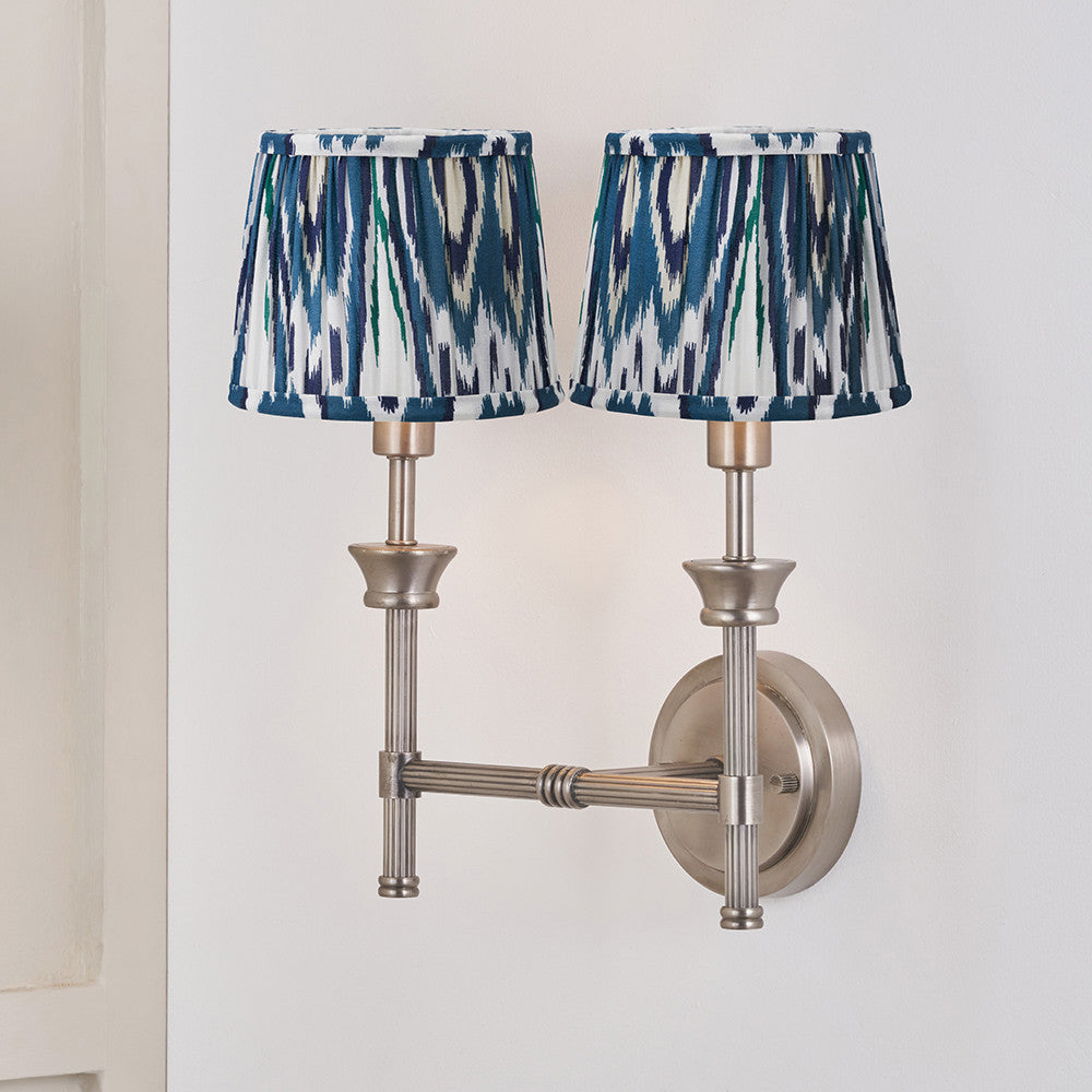 Salvatore Antique Silver Metal Double Wall Light with Izara 16cm Ocean Blue Ikat Patterned Mushroom Pleat Tapered Lampshade