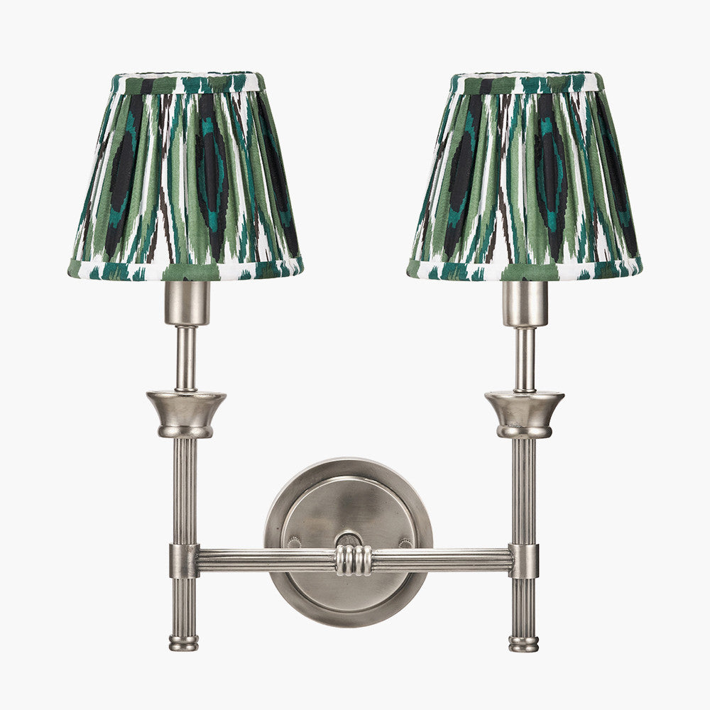 Salvatore Antique Silver Metal Double Wall Light with Izara 16cm Racing Green Ikat Patterned Mushroom Pleat Tapered Lampshade