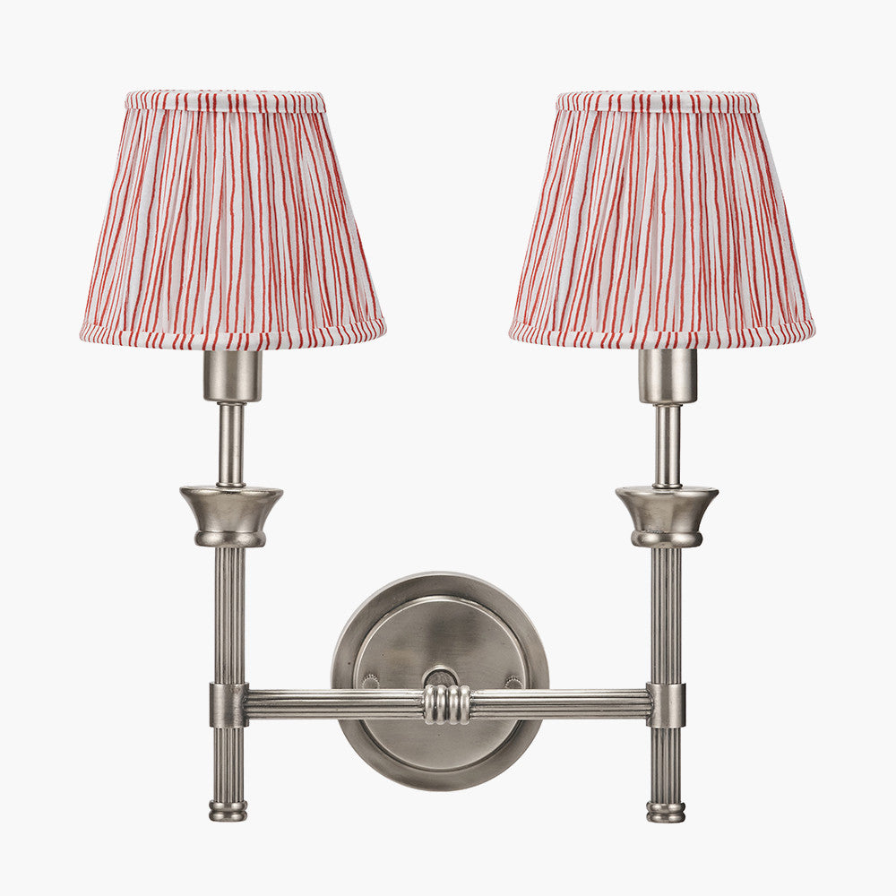 Salvatore Antique Silver Metal Double Wall Light with Thiago 16cm Cinnamon Stripe Mushroom Pleat Tapered Lampshade
