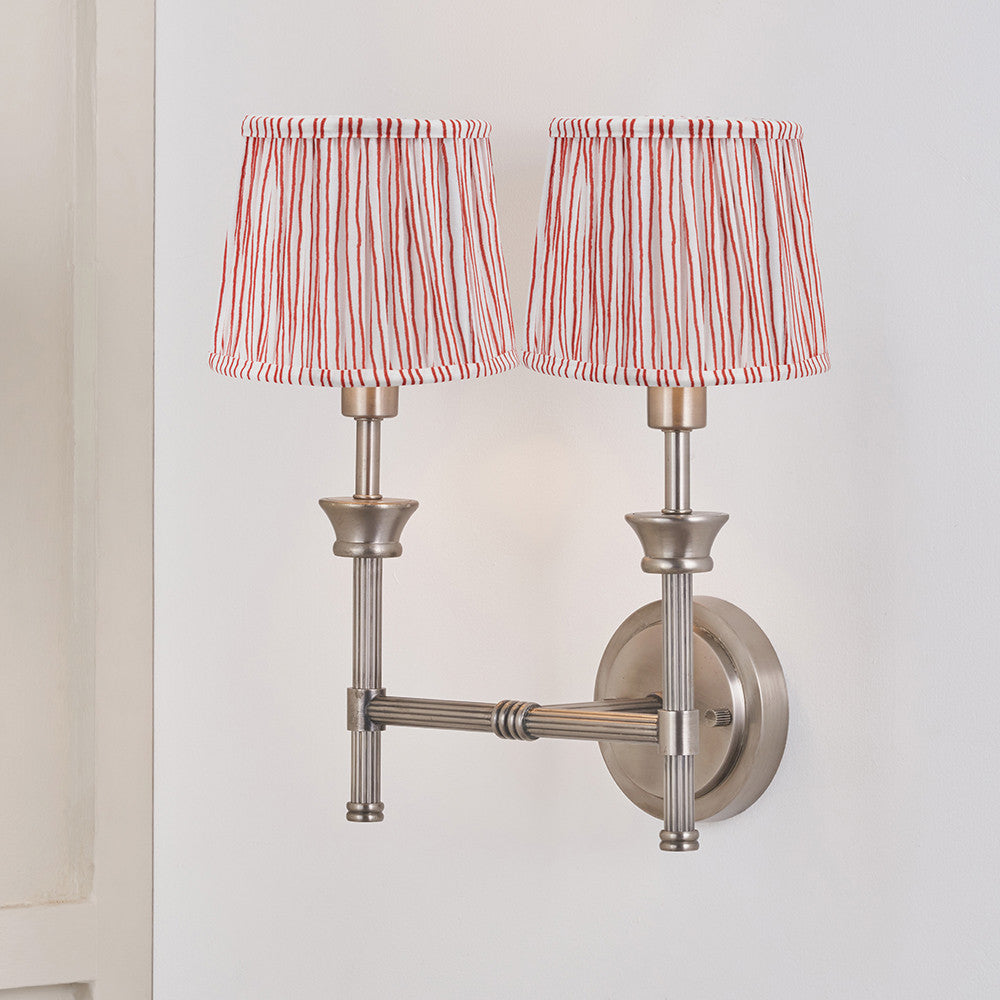 Salvatore Antique Silver Metal Double Wall Light with Thiago 16cm Cinnamon Stripe Mushroom Pleat Tapered Lampshade