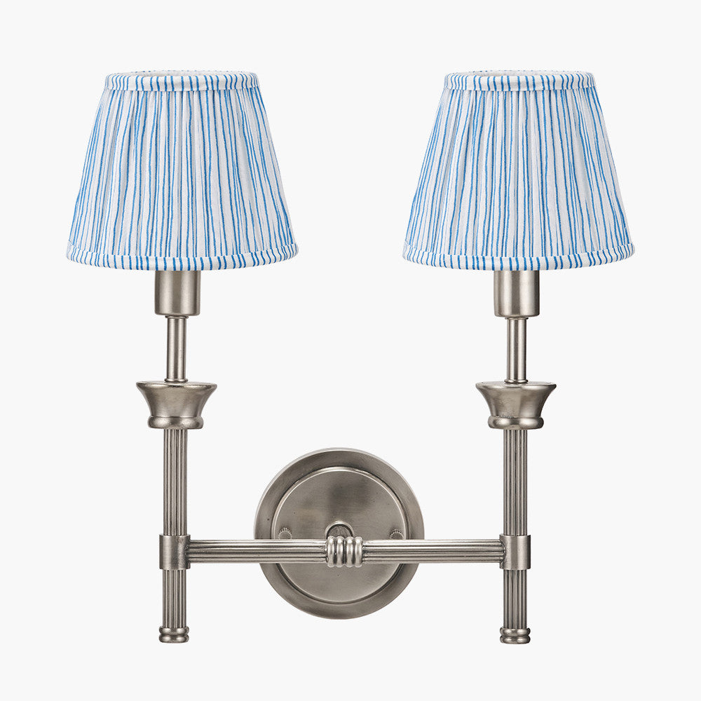 Salvatore Antique Silver Metal Double Wall Light with Thiago 16cm Ocean Blue Stripe Mushroom Pleat Tapered Lampshade