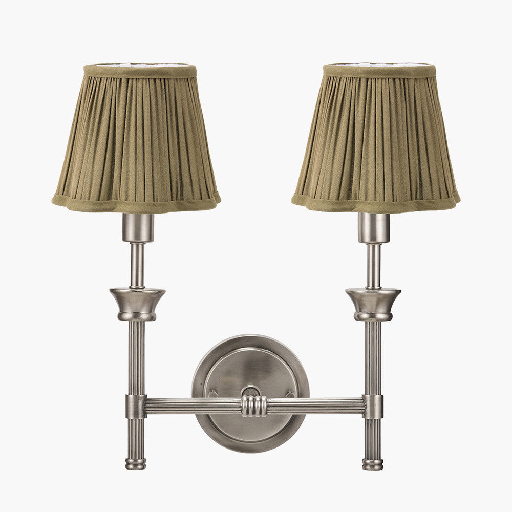 Salvatore Antique Silver Metal Double Wall Light with Malia 18cm Olive Green Mushroom Pleat Scalloped Tapered Lamp Shade