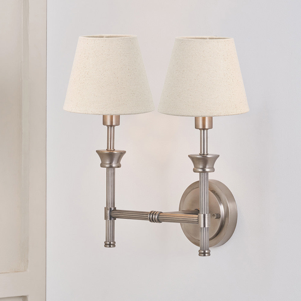 Salvatore Antique Silver Metal Double Wall Light with Seychelles 15cm Cream Slubby Cotton Empire Lampshade
