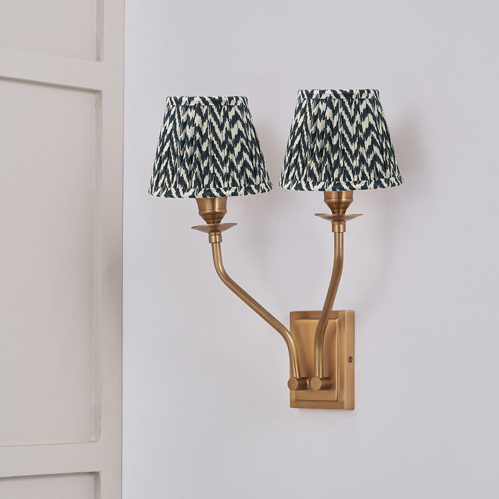 Tatiana Antique Brass Metal Double Wall Light with Vienna 16cm Black Chevron Mushroom Pleat Lampshade