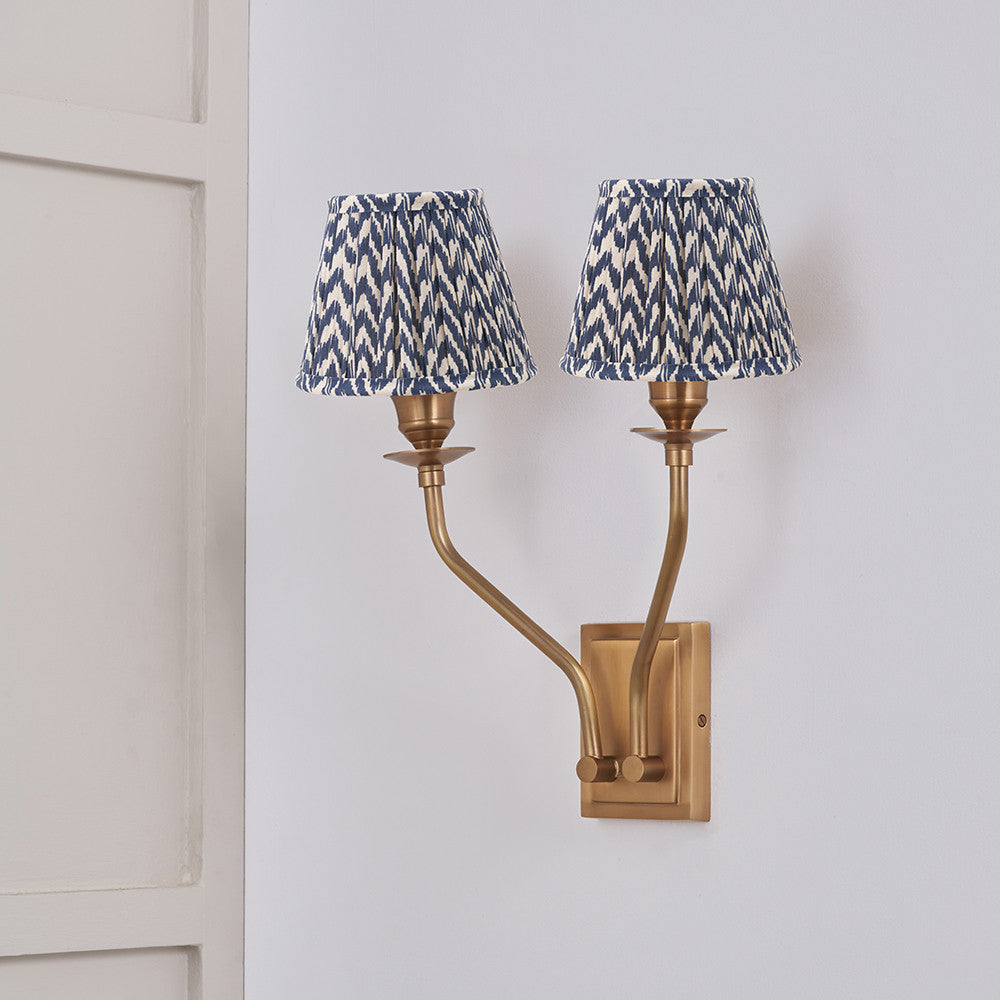 Tatiana Antique Brass Metal Double Wall Light with Vienna 16cm Blue Chevron Mushroom Pleat Lampshade