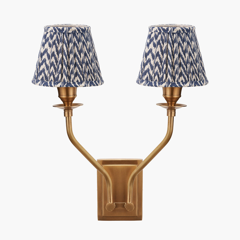 Tatiana Antique Brass Metal Double Wall Light with Vienna 16cm Blue Chevron Mushroom Pleat Lampshade