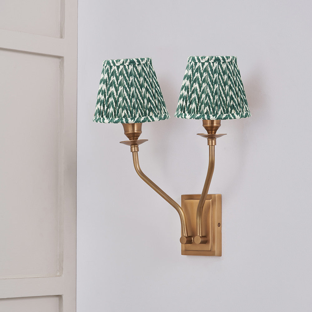 Tatiana Antique Brass Metal Double Wall Light with Vienna 16cm Forest Green Chevron Mushroom Pleat Lampshade